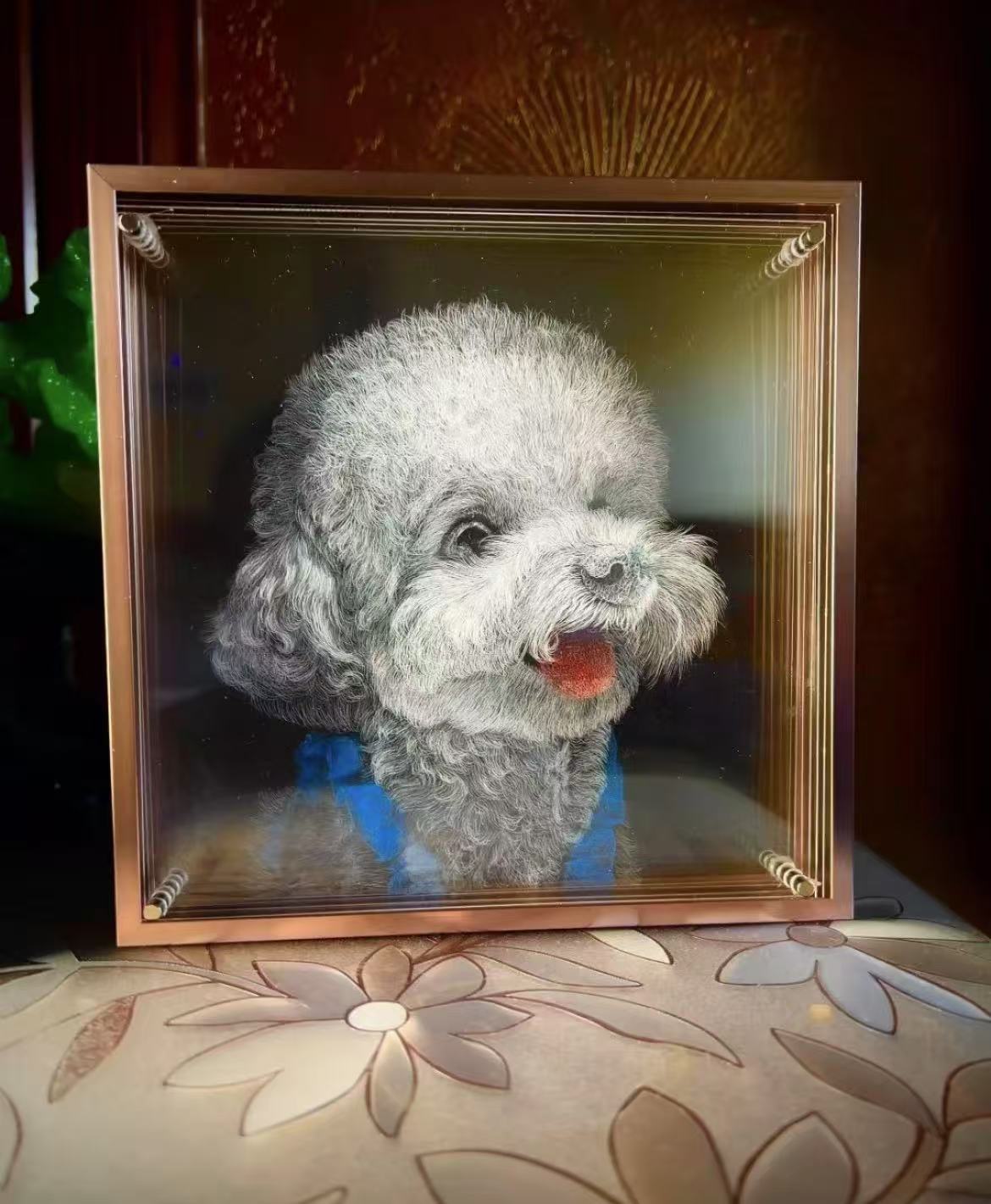 Realistic custom pet sculpture of a fluffy gray poodle, displayed in a square transparent case with bronze edges