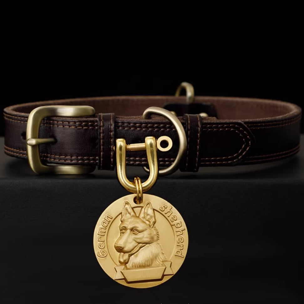 Leather dog collar with engraved brass tag featuring German Shepherd portrait.