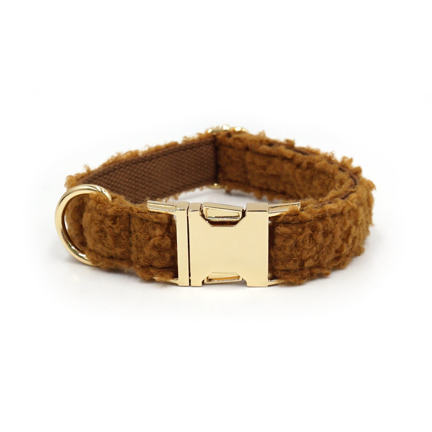 Brown teddy fleece dog collar with shiny gold buckle, soft texture and premium look.