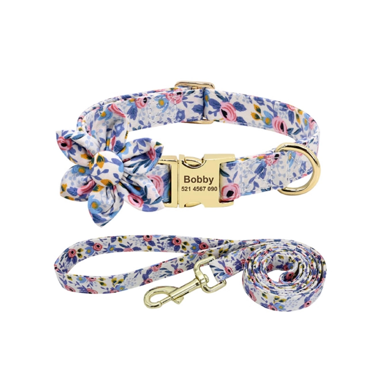 Blue floral dog collar and leash set with engraved nameplate and matching bow.