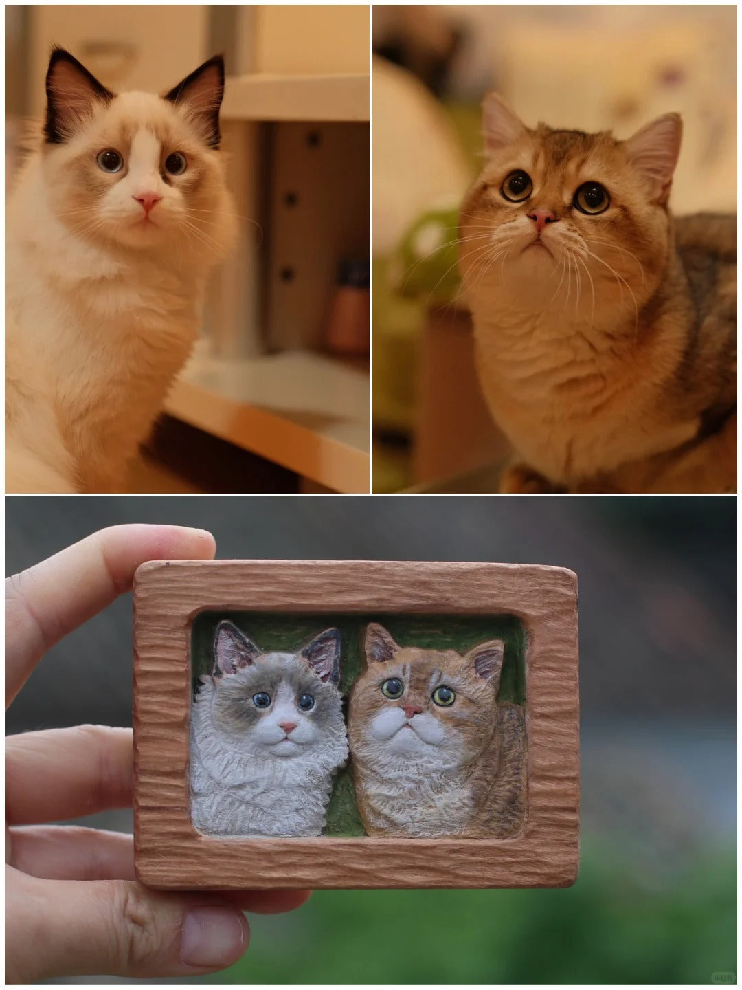 Custom double cat wood portrait magnet, hand-carved and painted to match a tabby and ragdoll cat from customer photo
