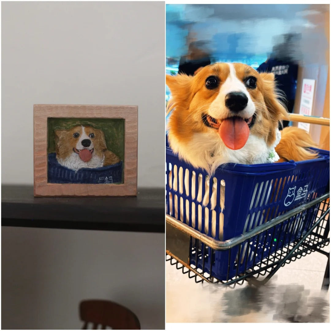 Realistic hand-carved wooden fridge magnet of a smiling Corgi dog in blue outfit, beside photo reference