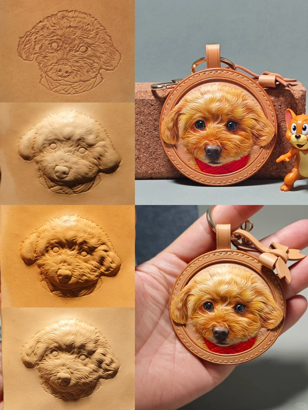Step-by-step handmade leather carving process of a brown poodle dog, showing sketch, tooling, sculpting, and final painted hanging charm with red scarf
