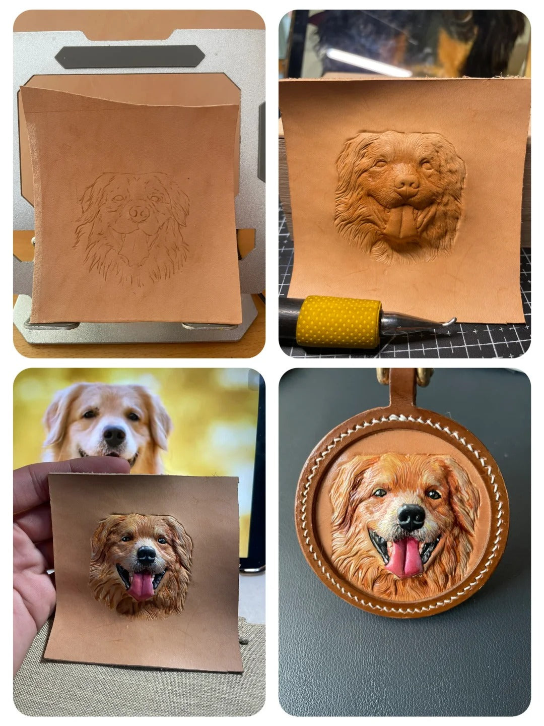 Step-by-step custom leather portrait carving of a Golden Retriever, from sketch to tooling, coloring, and final stitched round hanging charm