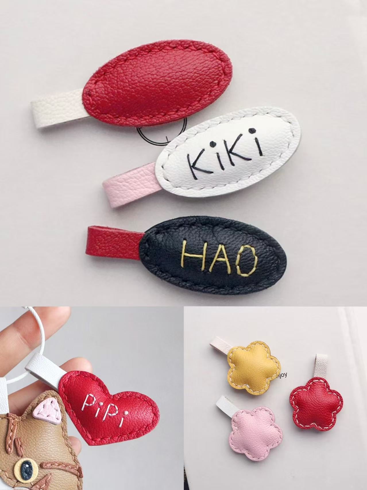 Assorted handmade leather name tag charms in oval, heart, and flower shapes, with custom pet name embroidery, compatible with cartoon pet leather charms
