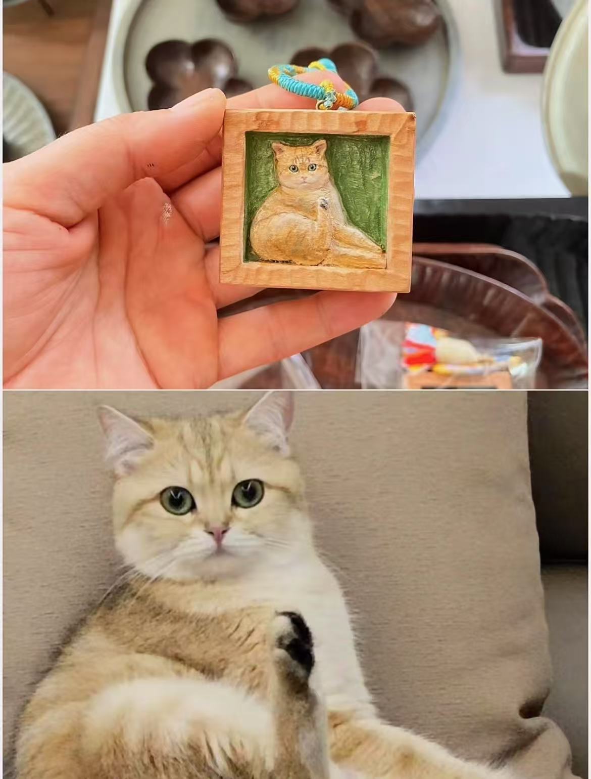 Side-by-side comparison of a realistic wooden keychain featuring a chubby golden cat carved in a sitting pose, and the original reference photo of the same cat sitting on a sofa.