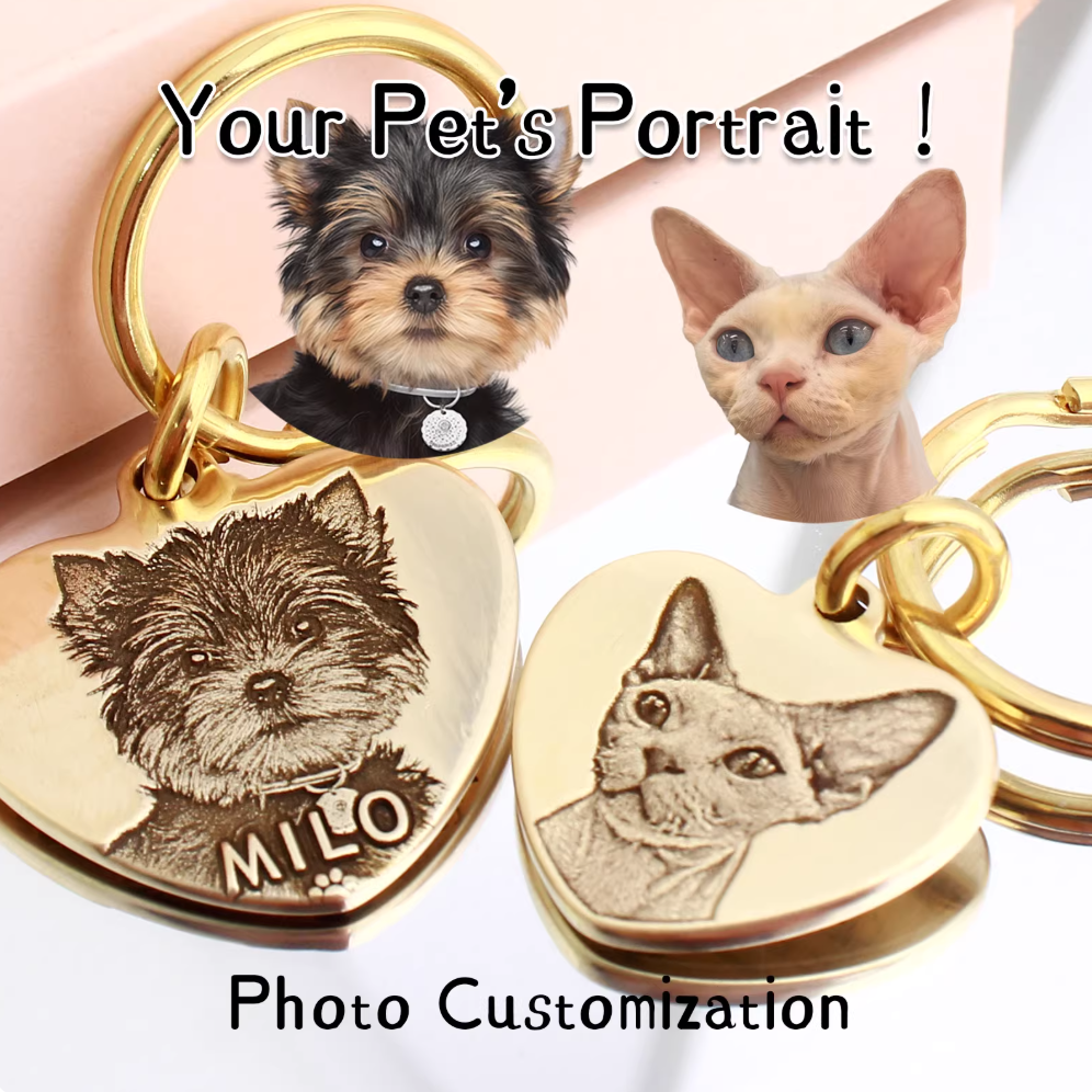 Collection of custom heart-shaped brass pet tags engraved with pet portraits.