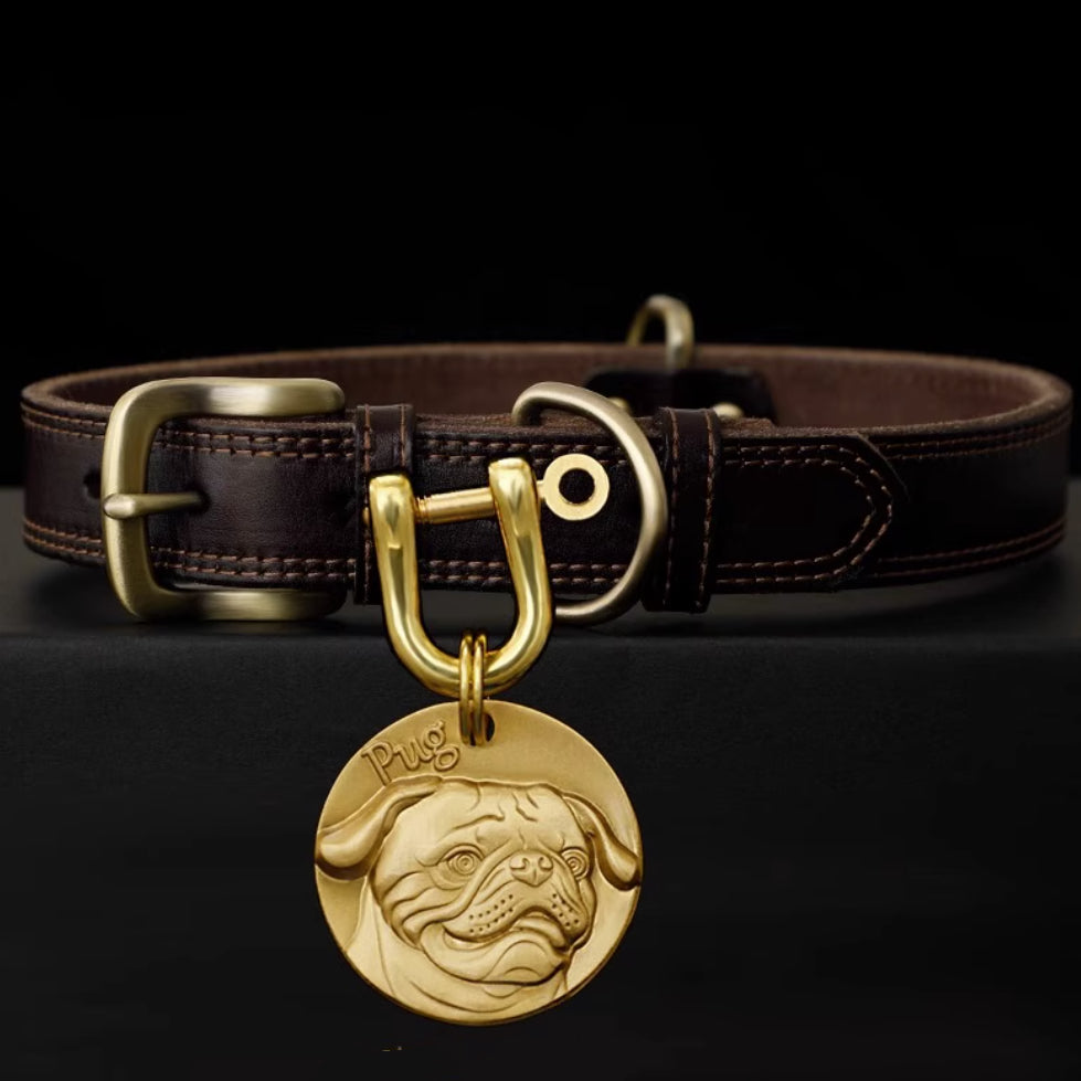 Brown leather dog collar with engraved brass tag featuring a pug face design.