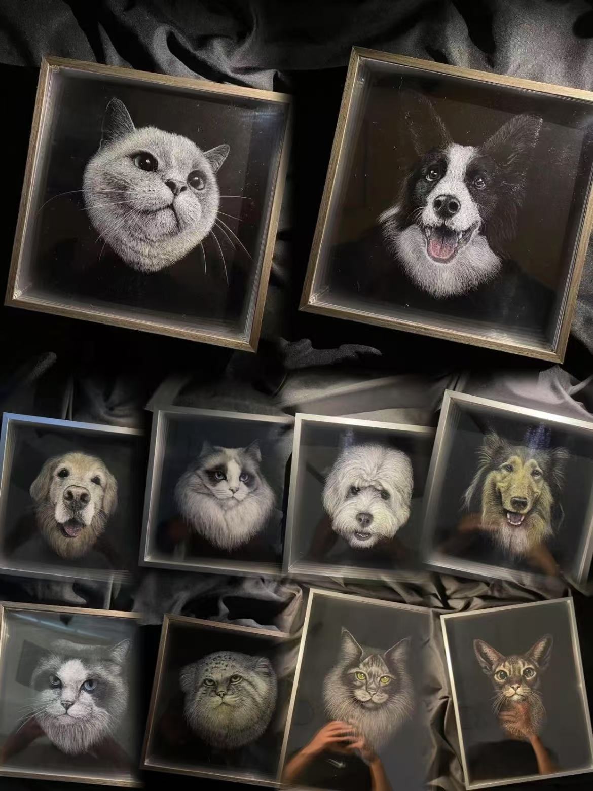 3D multi-layer glass pet portrait , carved on transparent panes with realistic fur details.
