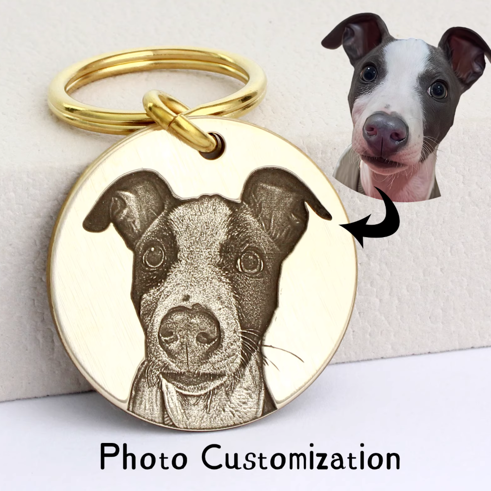 Custom 3D engraved brass tag with greyhound portrait, photo to engraving example.