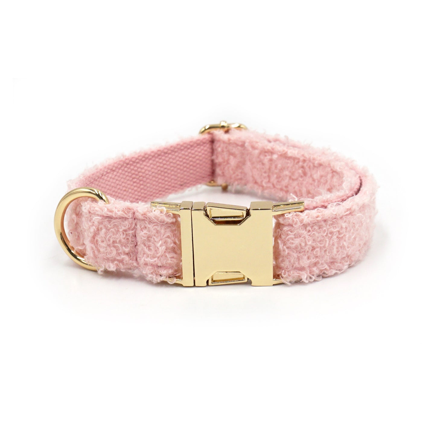 Soft pink teddy fleece pet collar with gold metal buckle, cozy and elegant design for dogs and cats.