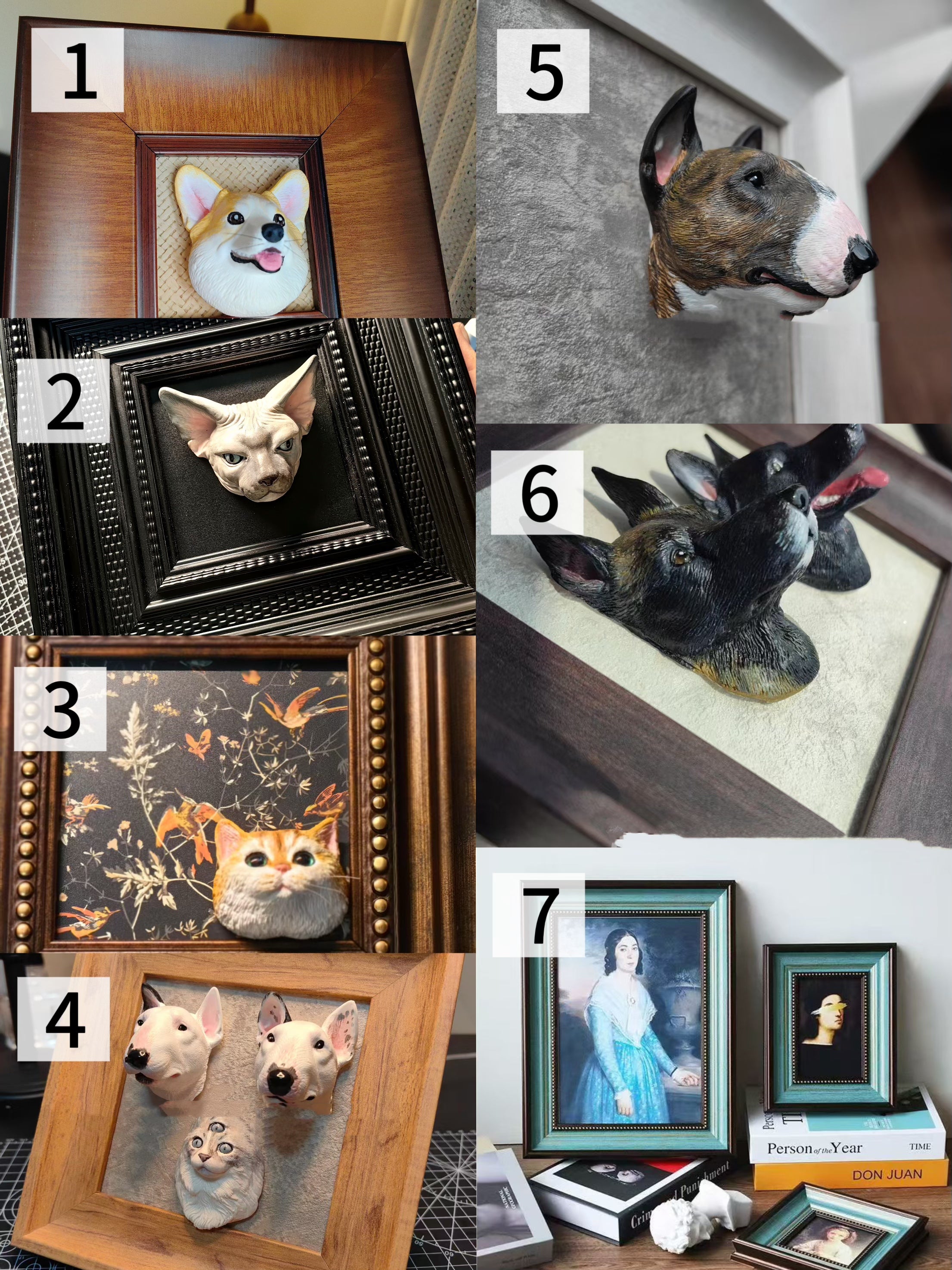 Seven Frame Style Options for Magnetic 3D Pet Portraits – Includes Wood, Gothic, Antique, and Modern Designs