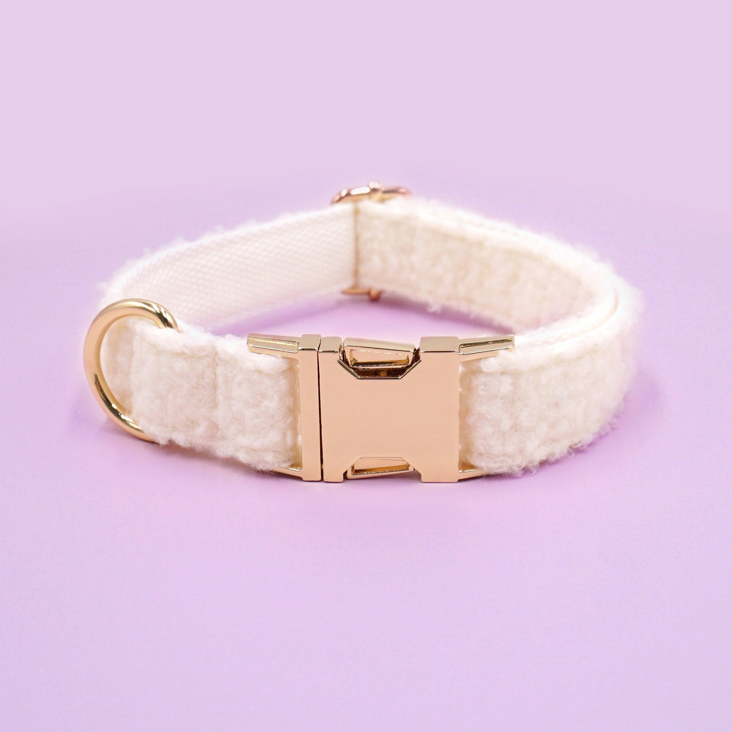 White teddy fleece pet collar with gold metal buckle, fluffy and cozy for cats and dogs.