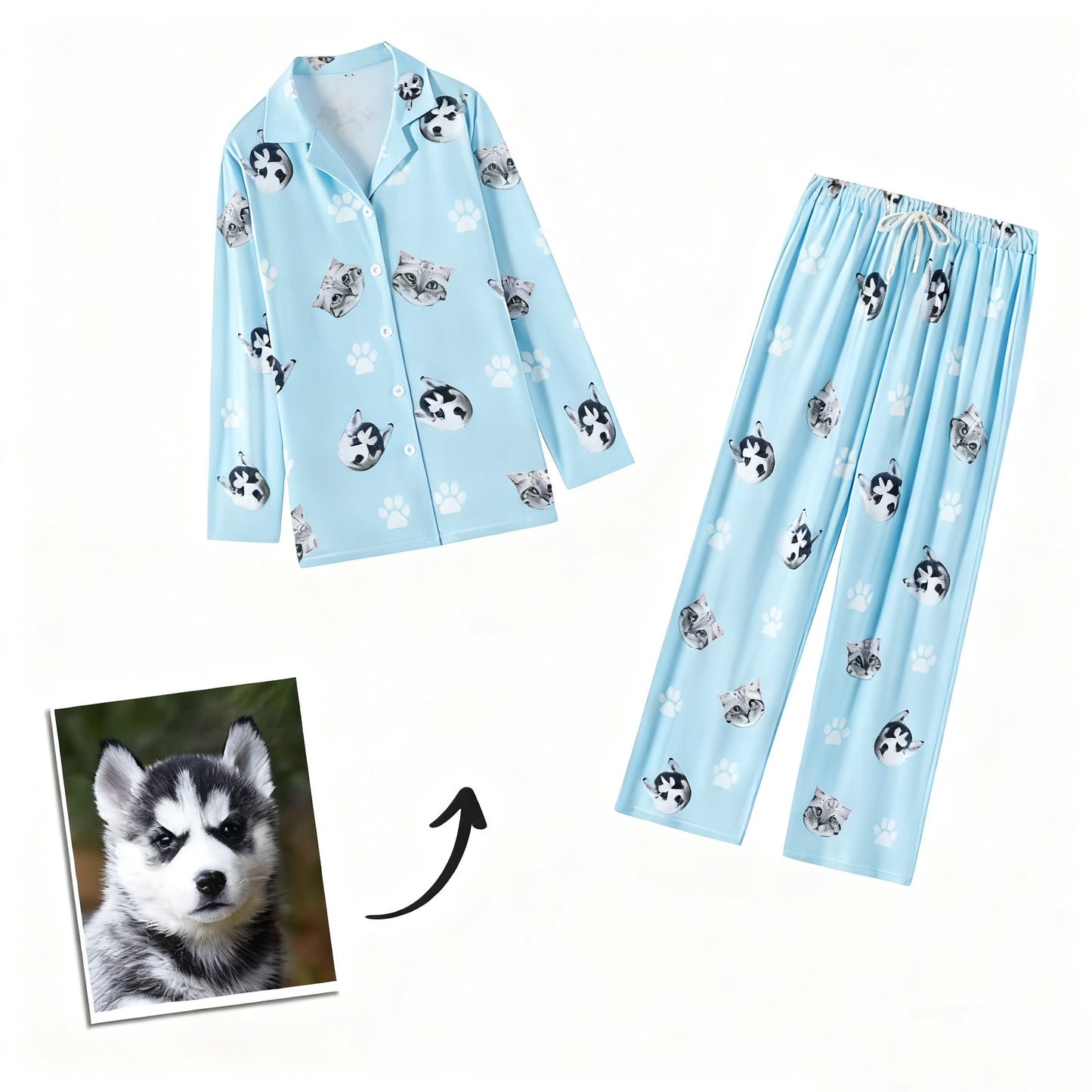 Blue long-sleeve custom pet pajamas with printed pet faces and paw patterns
