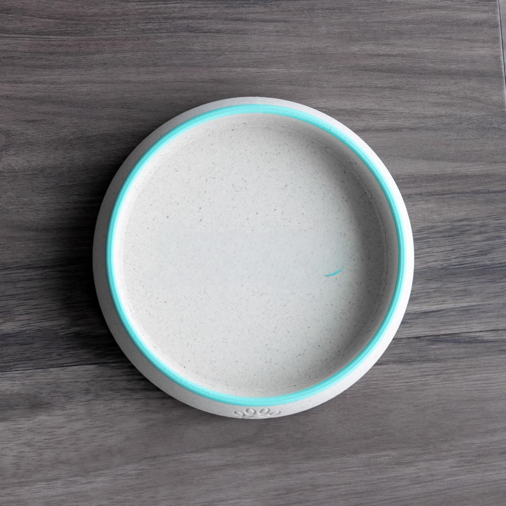 White PLA pet bowl with turquoise rim, blank inside