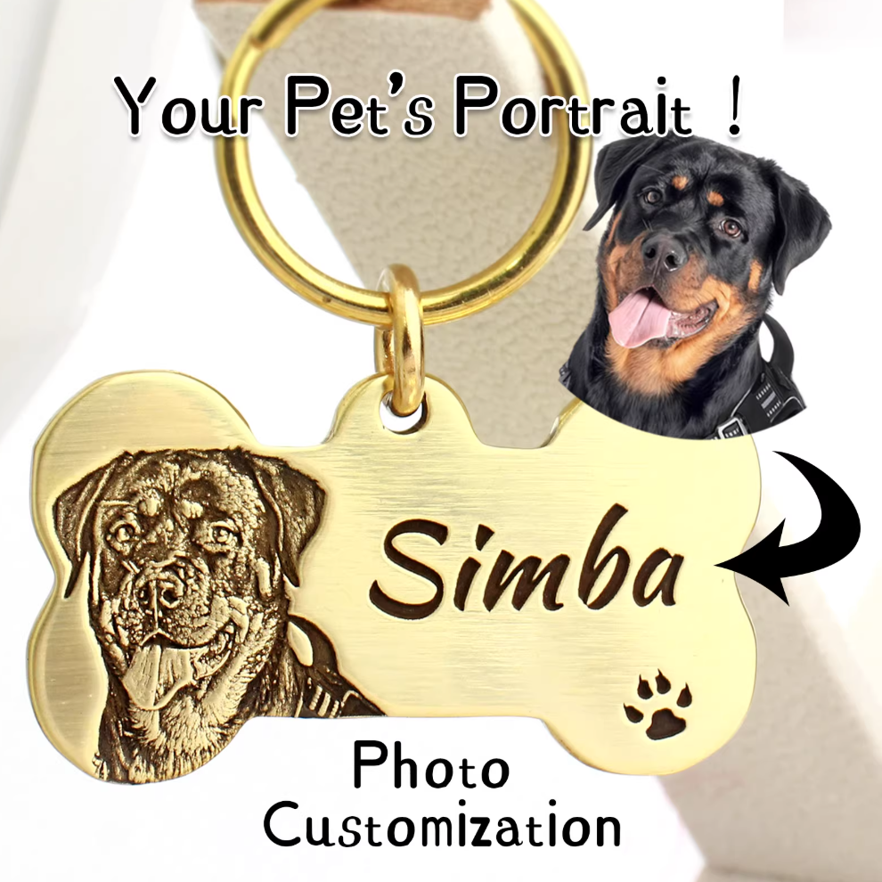 Deep engraved brass bone tag with dog portrait and name “Simba”