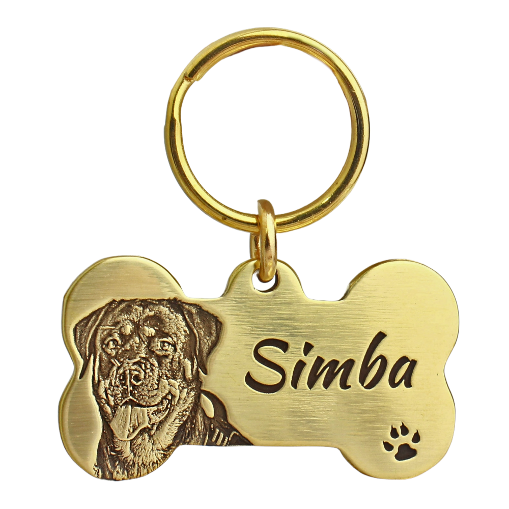 Front view of solid brass bone-shaped pet ID tag engraved with dog portrait