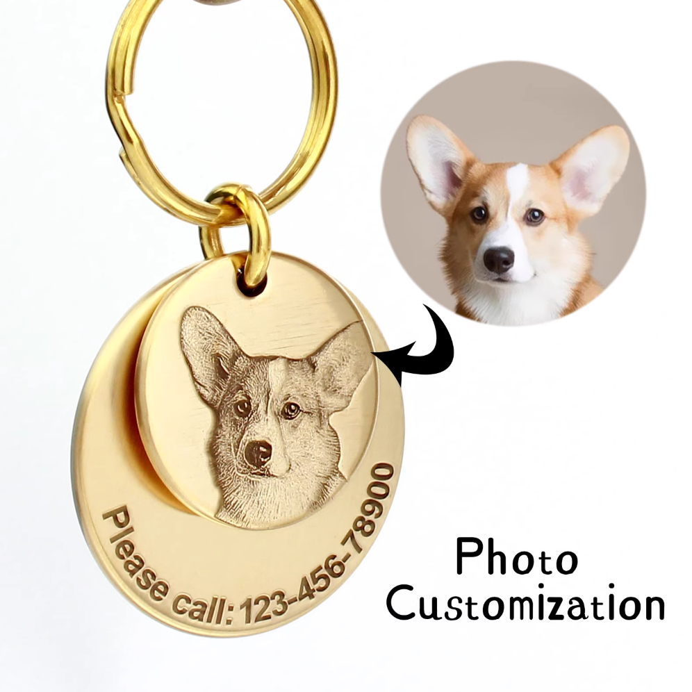 Brass pet ID tag engraved with corgi photo and phone number, personalized pet tag.