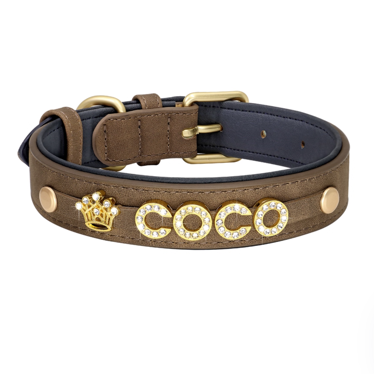 Brown rhinestone pet collar with “COCO” name and gold crown charm.