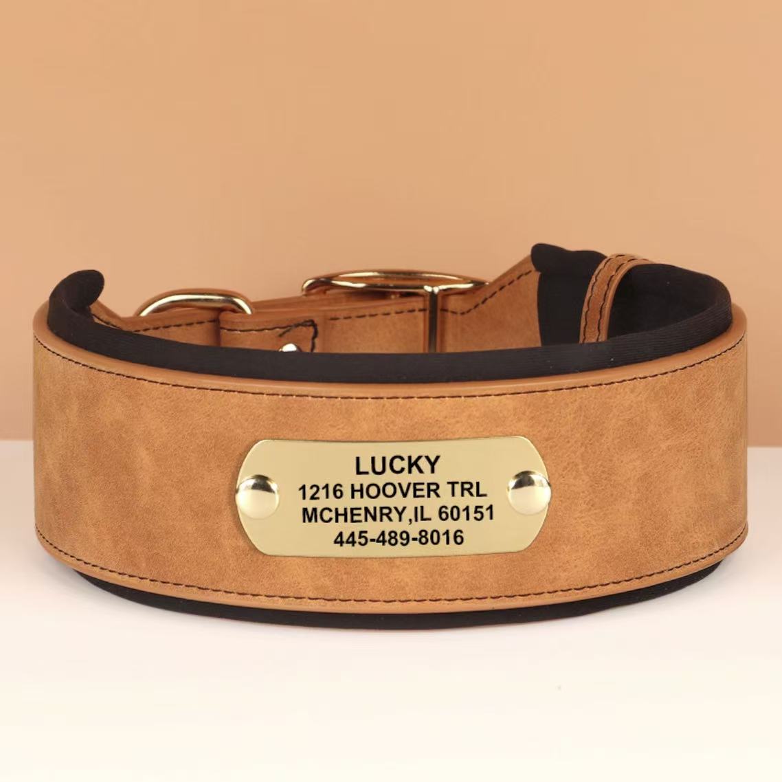 brown-wide-leather-dog-collar-closeup-engraved-nameplate