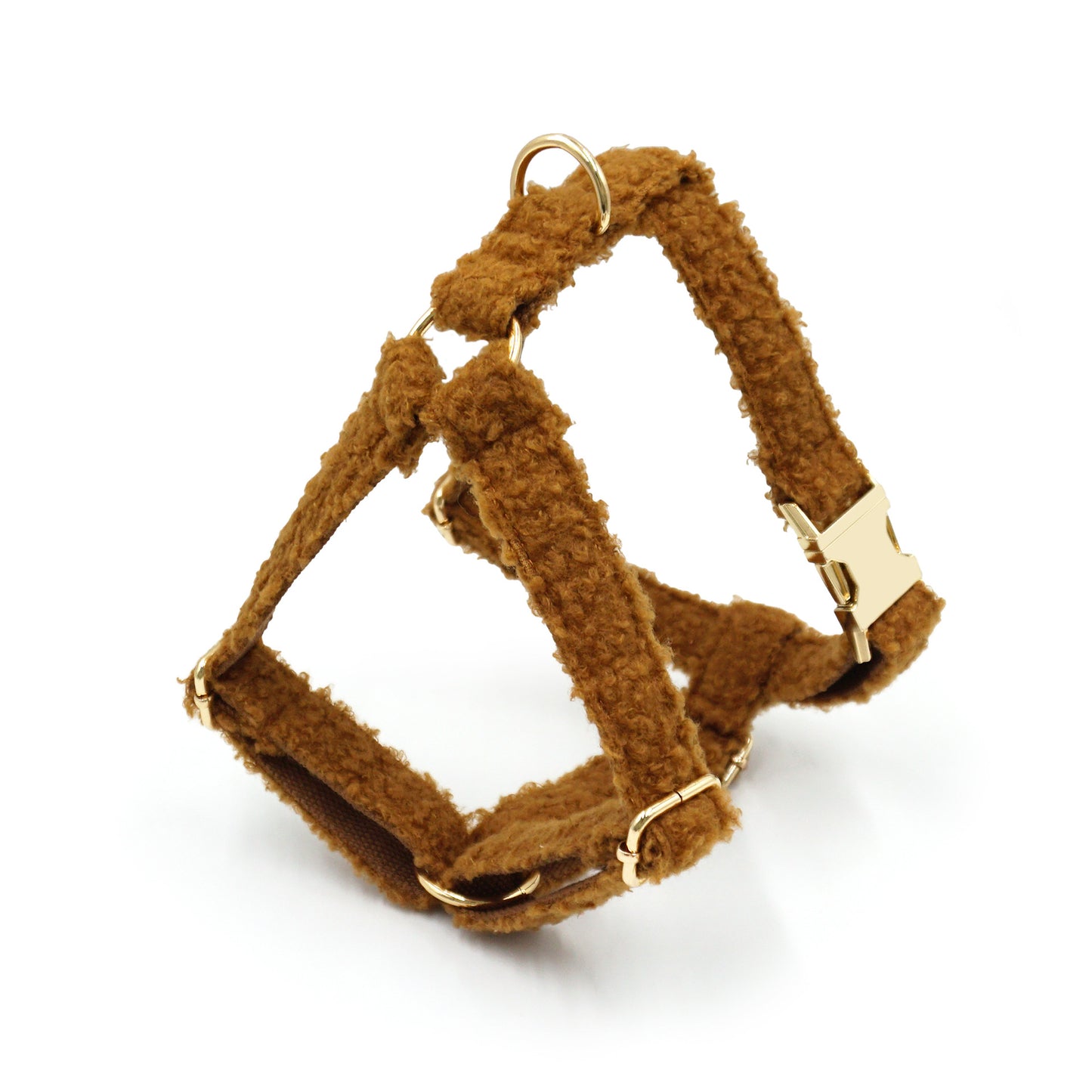 Brown teddy fleece dog harness with gold engraved buckle