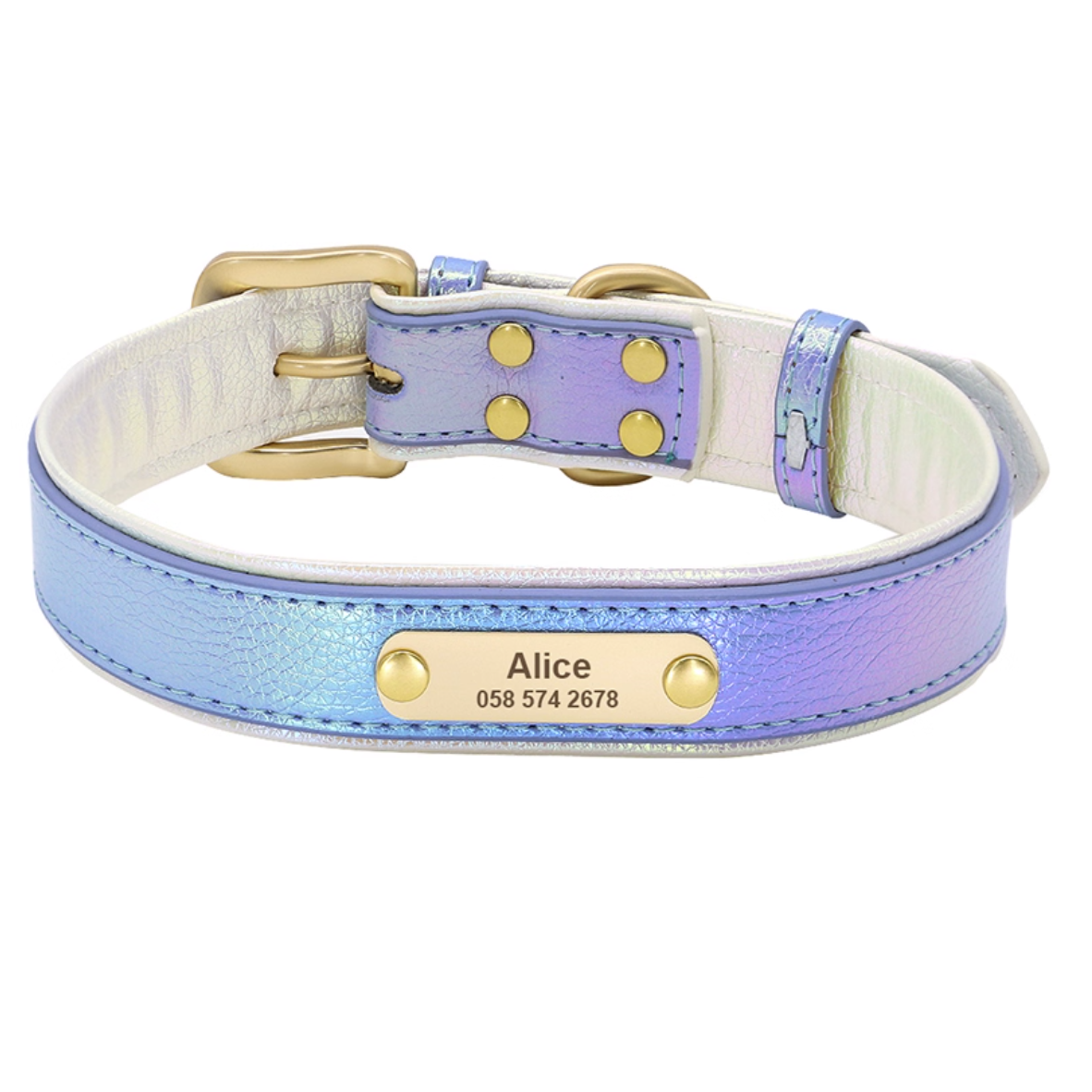 Blue gradient PU leather dog collar with engraved tag “Alice”.