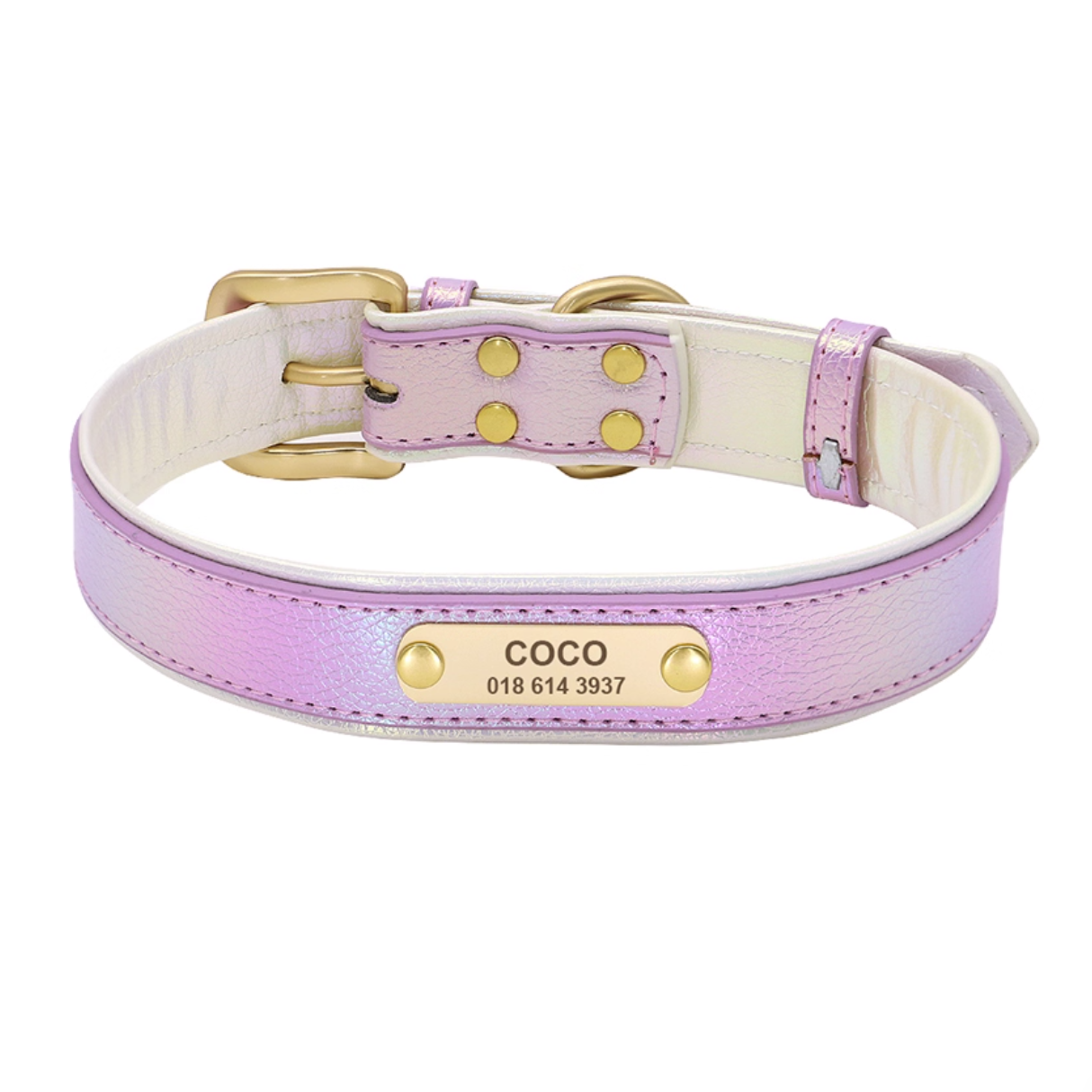 Close-up of lavender PU leather dog collar with engraved tag “COCO”.