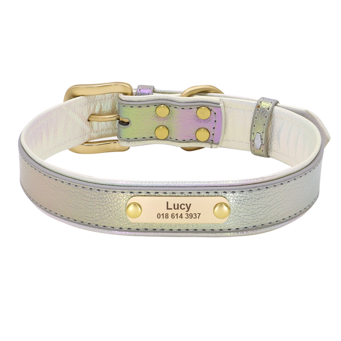 Silver gradient PU leather dog collar with engraved name “Lucy”.
