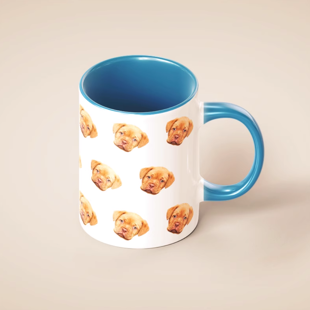 Personalized pet mug with dog face print, blue interior and handle