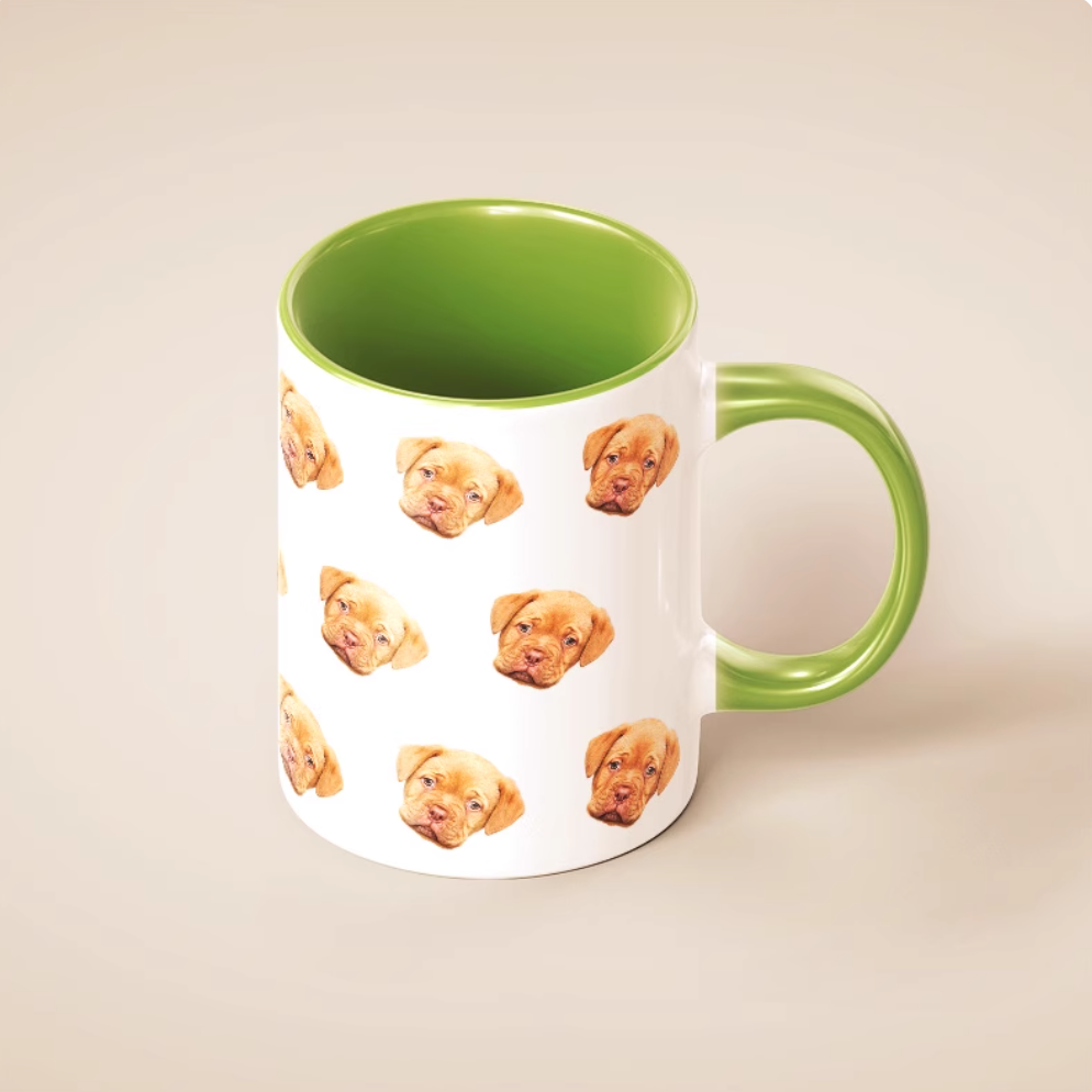 Personalized pet mug with green interior and puppy print