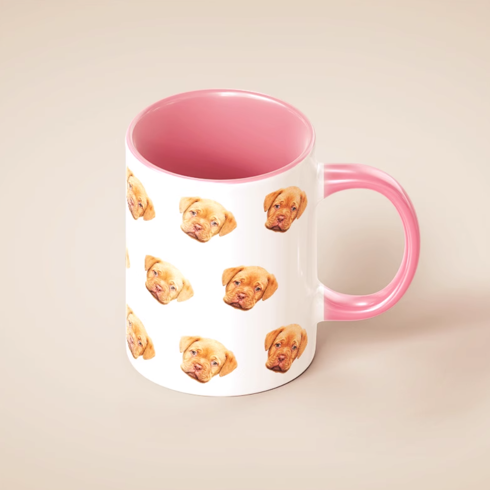 Dog portrait mug with pink handle, custom ceramic pet cup