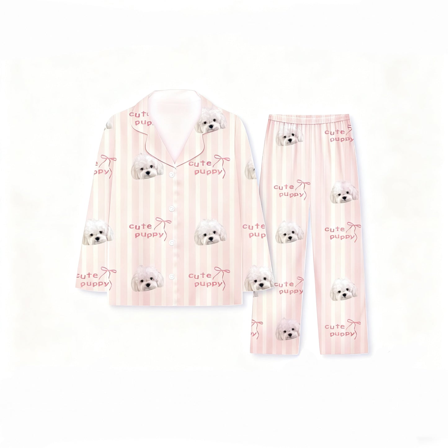 Pink striped pajamas with “Cute Puppy” text and custom bichon dog print