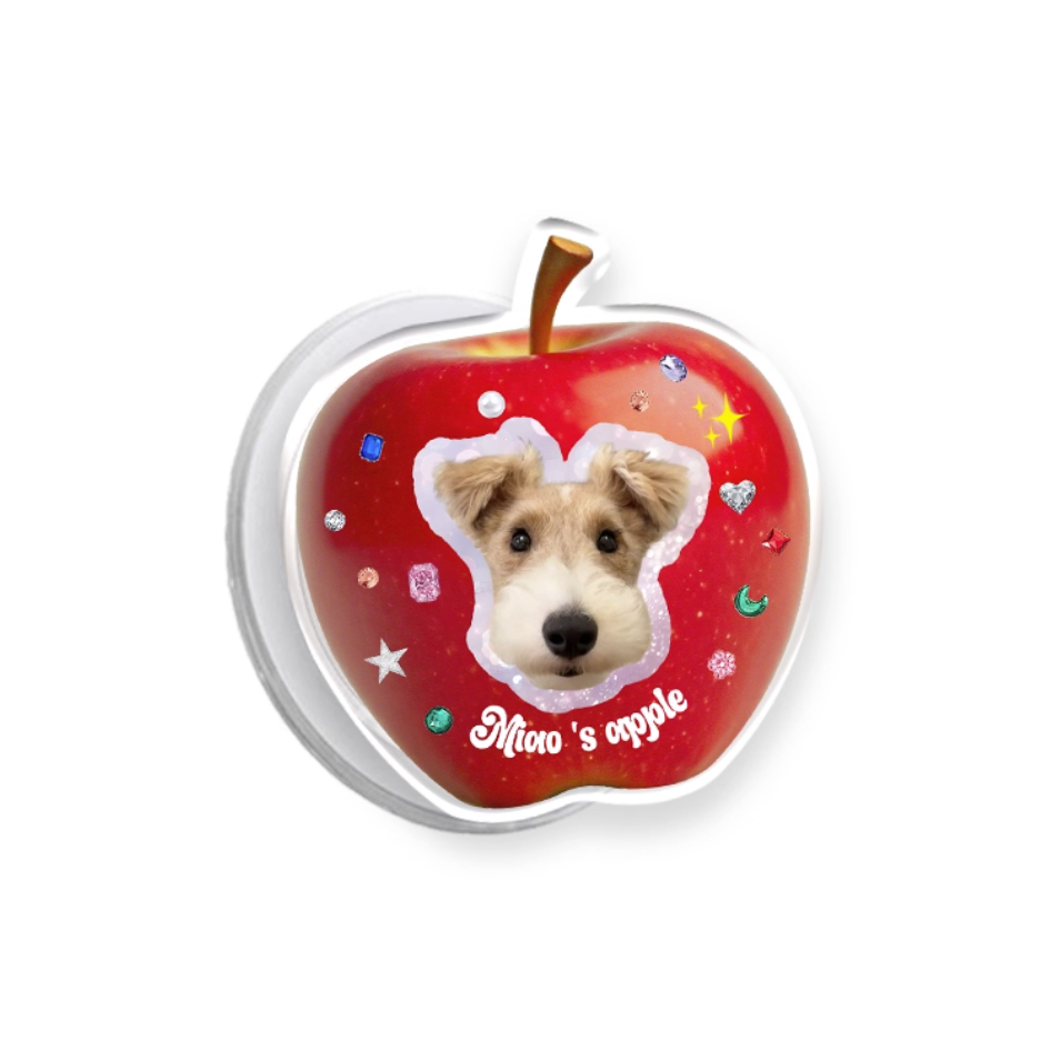 Custom apple-shaped pet phone grip with dog portrait and jewel accents