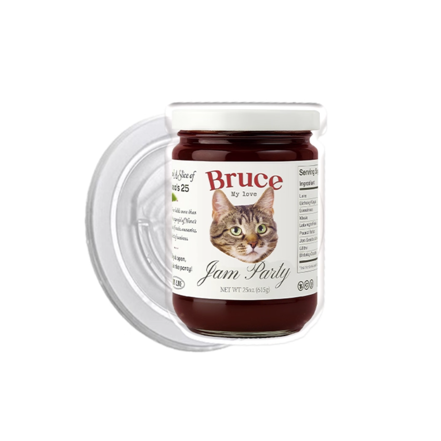 Personalized phone grip featuring cat on jam jar label design