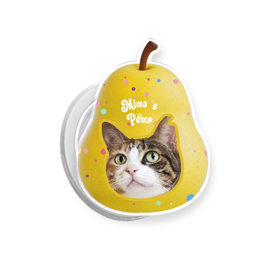 Custom pear-shaped pet phone grip with cat portrait