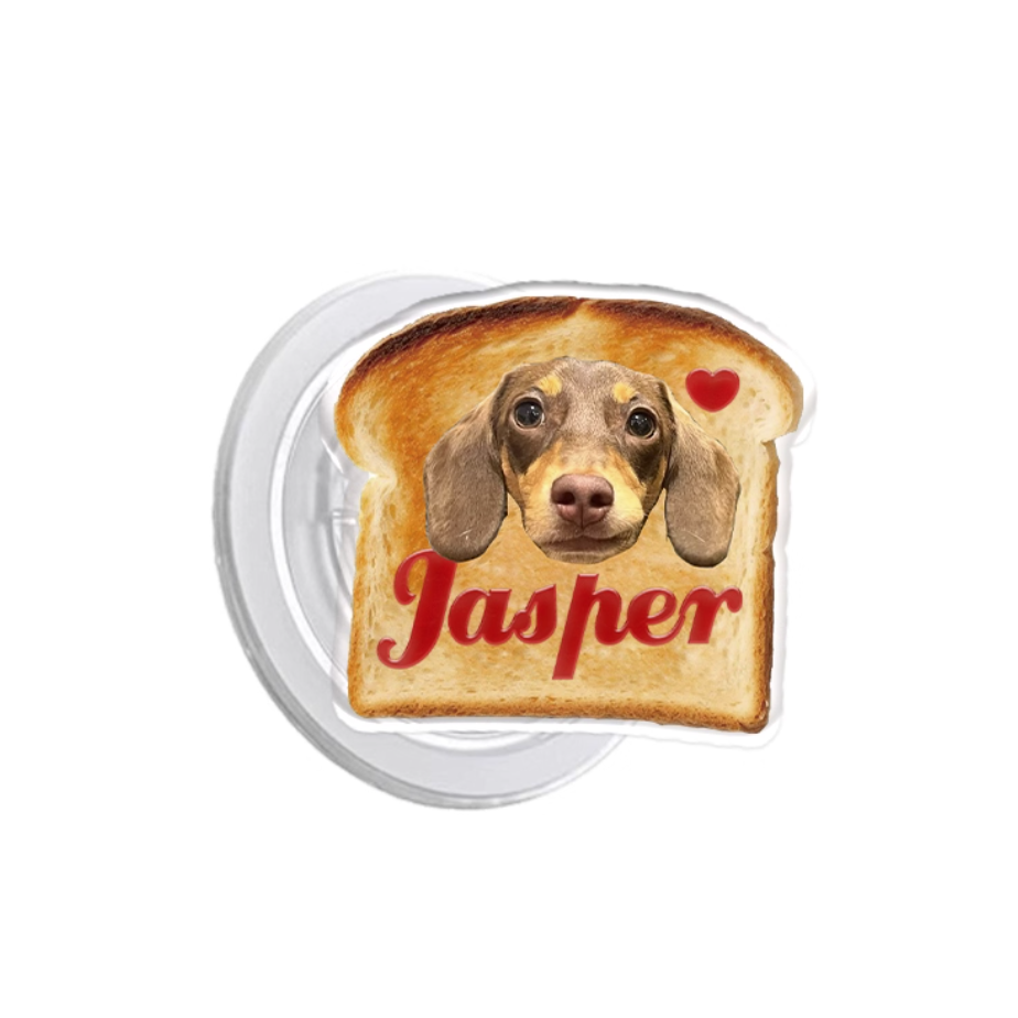 Pet phone grip with dog face on toast bread design