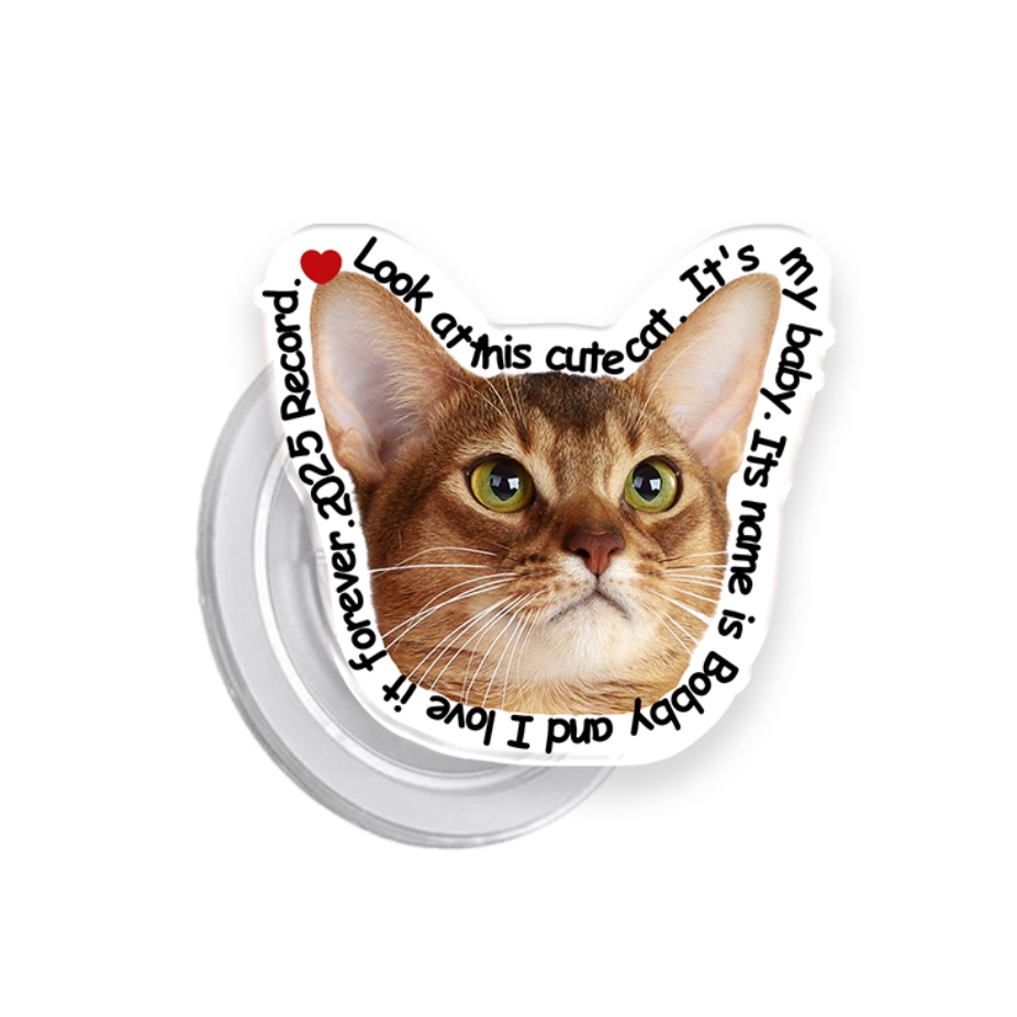 Personalized cat-shaped phone grip with text design and cat face