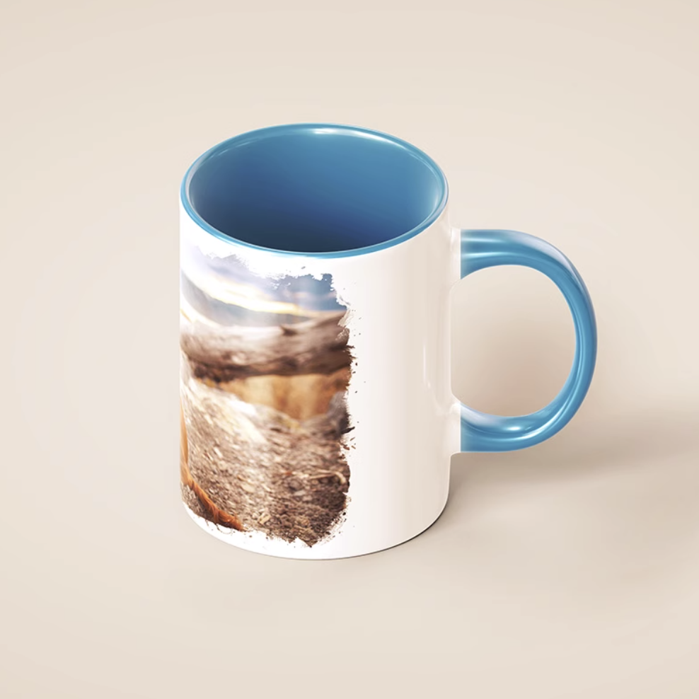 Custom pet photo mug with blue handle and interior
