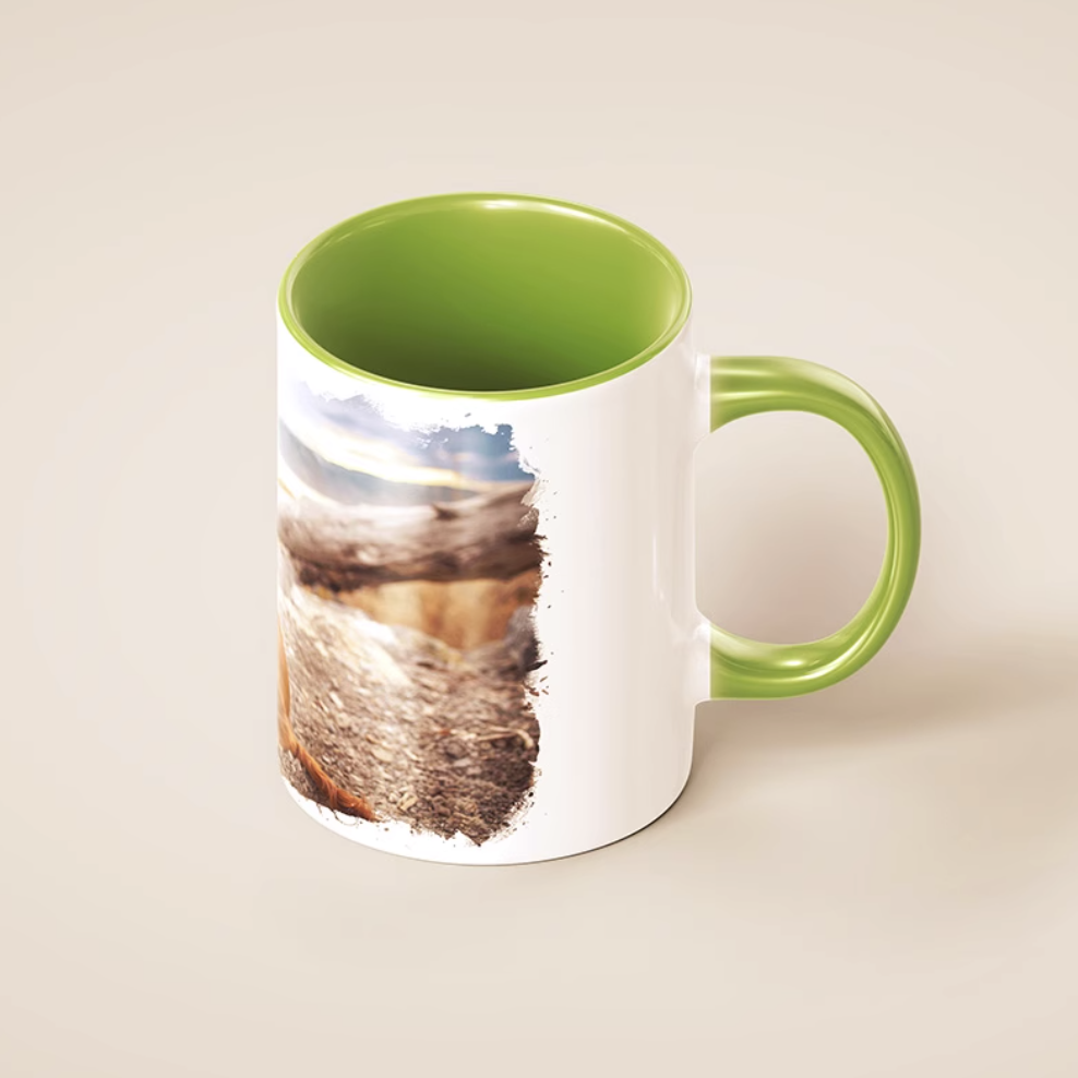 Personalized pet photo mug with green interior and handle