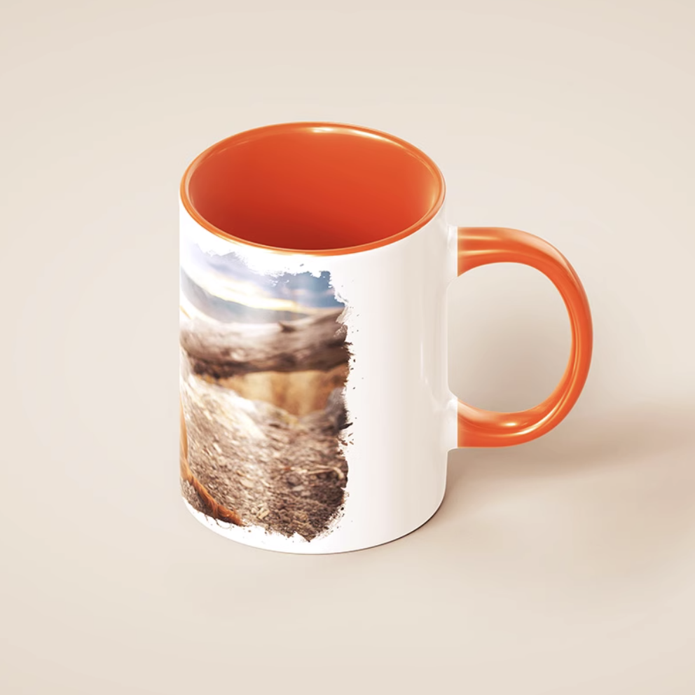 Personalized photo mug with orange handle, ceramic pet memory cup