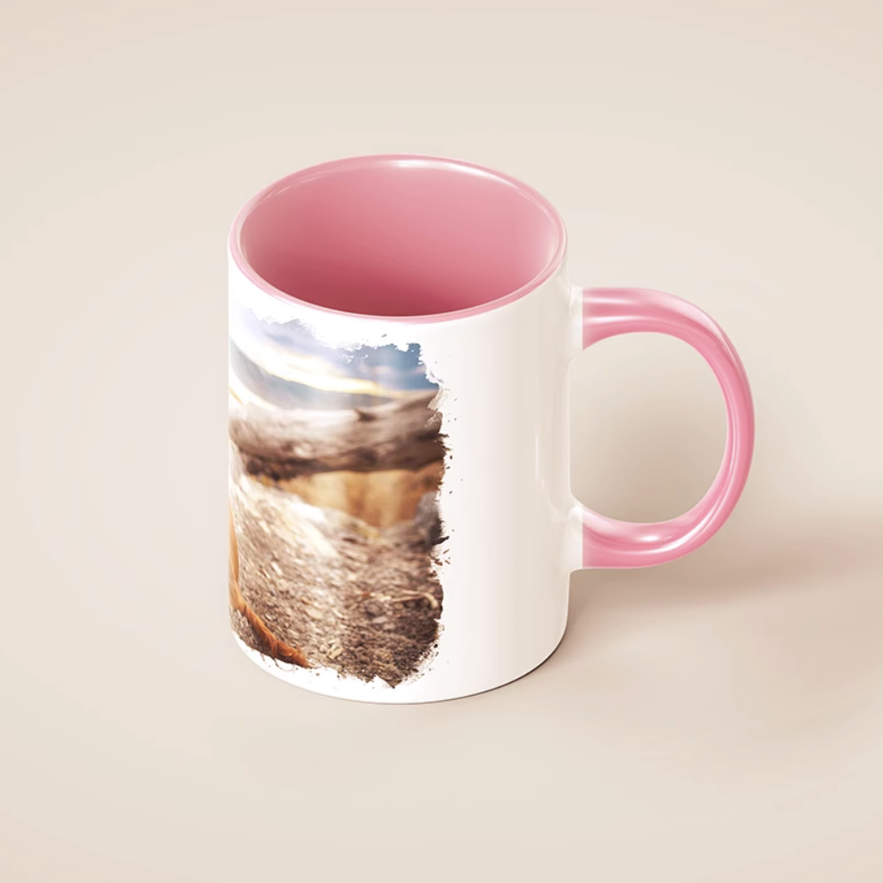 Custom pet mug with pink interior and handle, featuring pet photo print