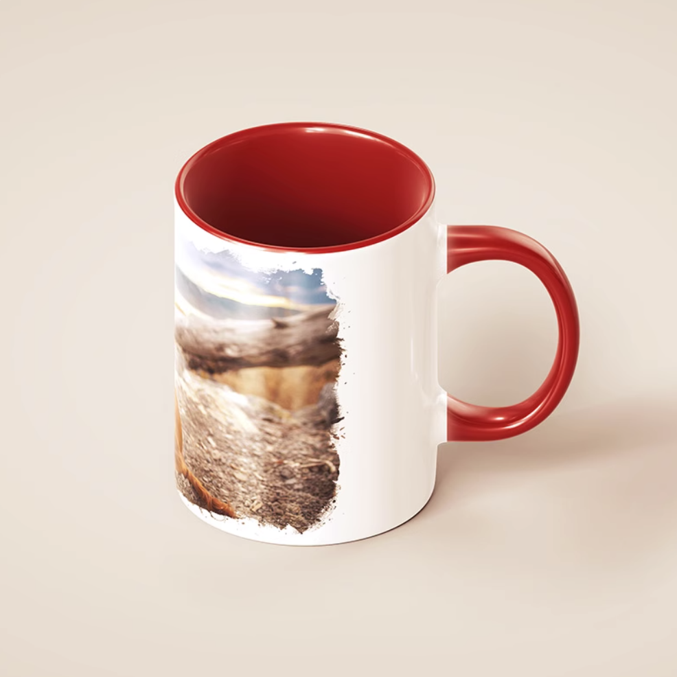 Custom pet photo mug with red handle, dog picture print on ceramic