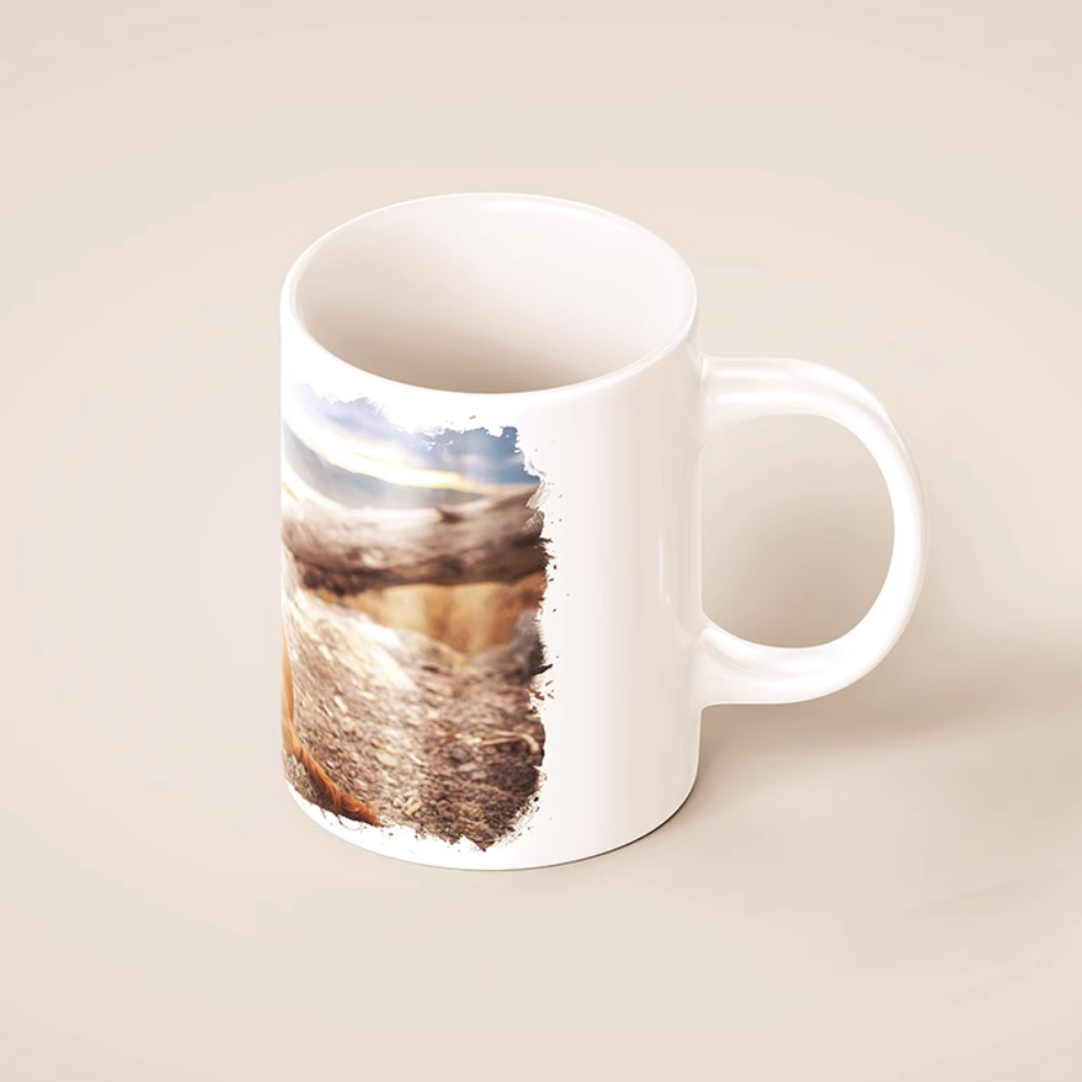 White ceramic mug with custom pet photo, minimal style