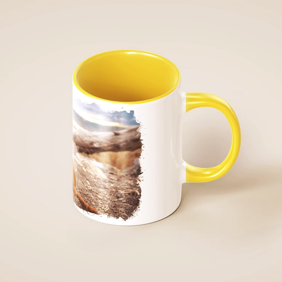 Custom photo mug with yellow interior, featuring pet picture print