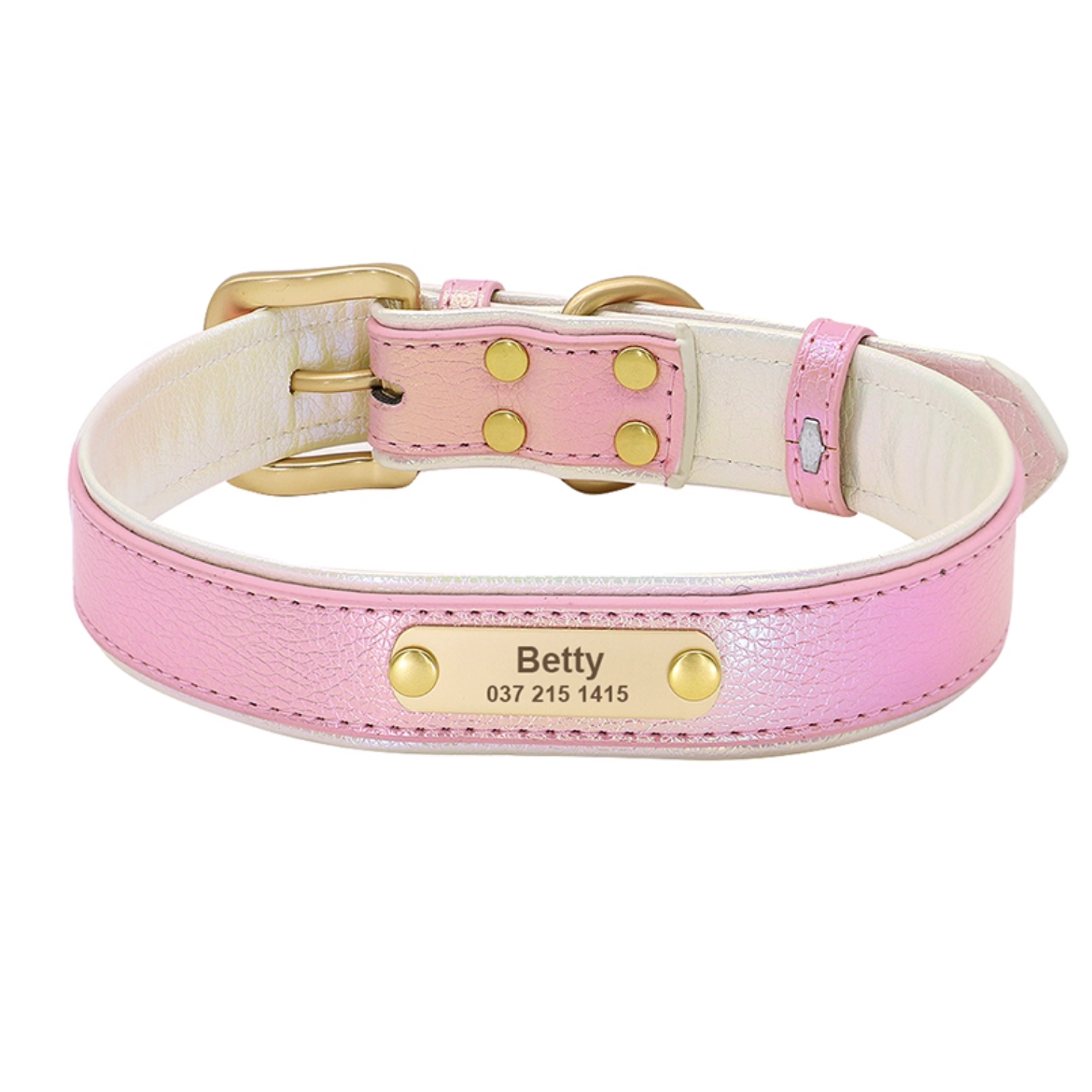 Pink gradient PU leather dog collar with engraved name “Betty”.