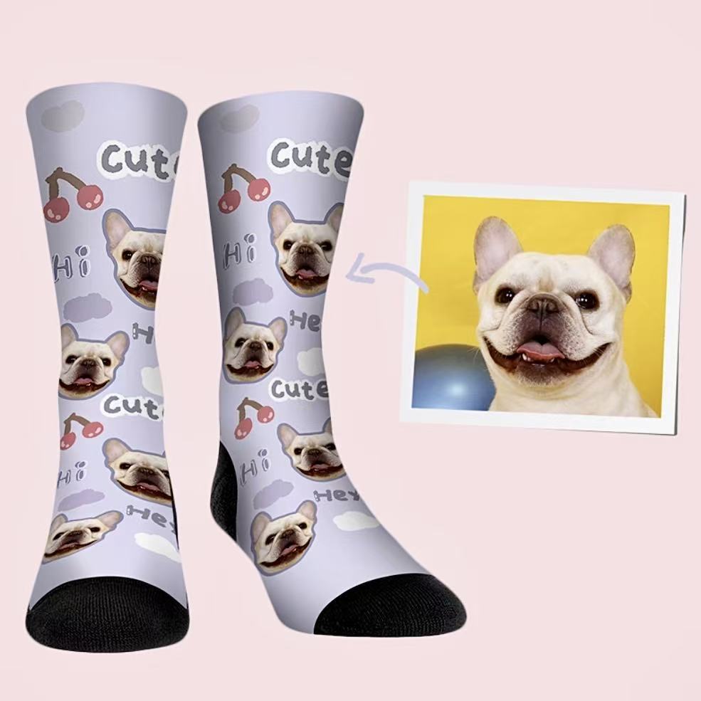 Custom pet face socks with French Bulldog design and cherry pattern