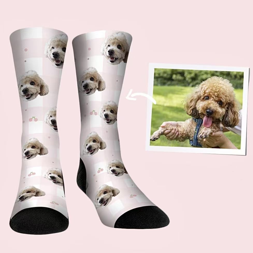 Custom dog socks with cherries and smiling face design