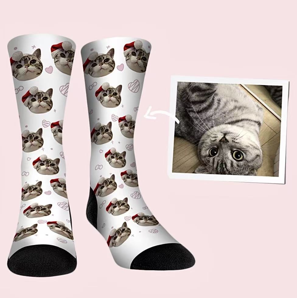Custom cat socks with festive Christmas hat design, perfect gift for cat lovers