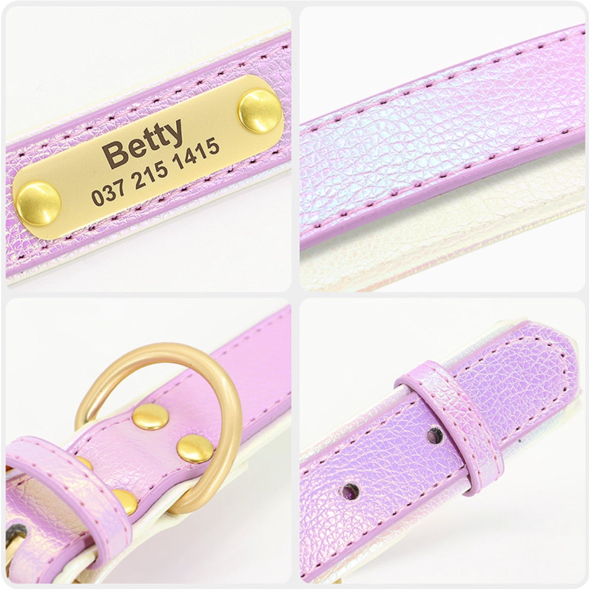 Detail shots showing gold buckle, stitching, and engraved nameplate on PU leather dog collar.