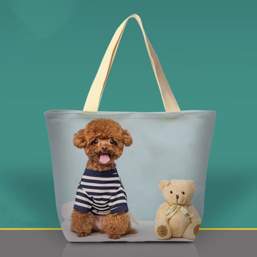 Personalized poodle tote bag with striped shirt and teddy bear, custom pet print